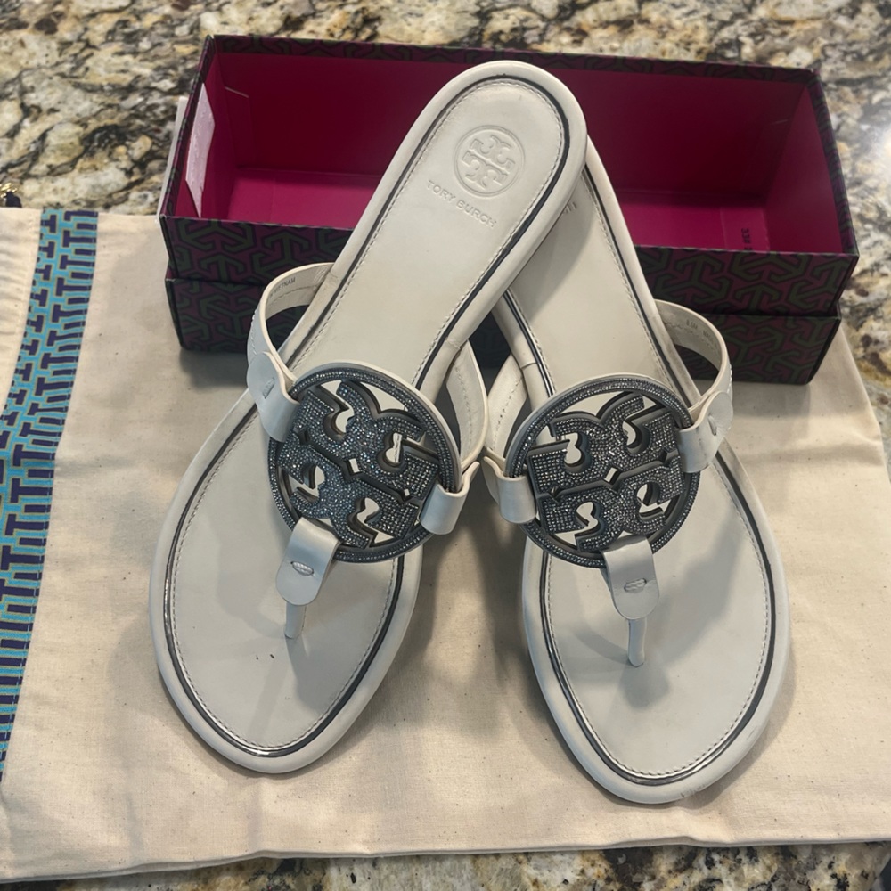 Tory Burch Miller Sandals with rhinestone symbol